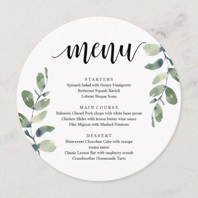 Bröllopsmiddagar, Eucalyptus Greenery Menu Meny (Framsida)