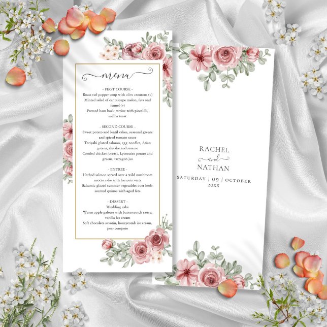 Bröllopsmiddagsmeny i Floral Dusty Rose Gold Meny (Floral Dusty Rose Gold Wedding Dinner Menu)