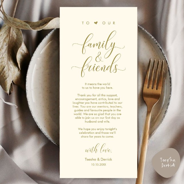 Bröllopsmiddagsplatssättning Tacksamhetskort Program (Welcome and Thanks, Wedding Dinner Place Setting Thank You Card in Yellow Gold)
