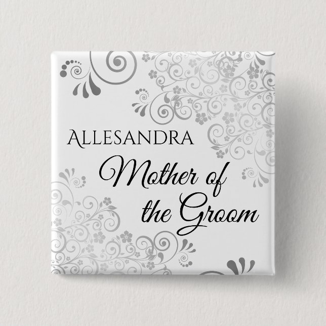 Bröllopsmoder för brudgummen Namnskylt Silverfrans Knapp (Framsida)