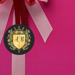 Bröllopsmonogram Kröningsvapen Guld Runt Klistermärke