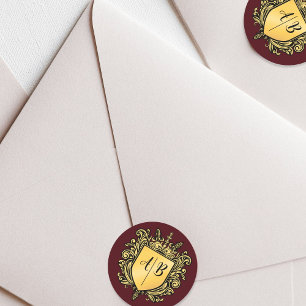 Bröllopsmonogram Kröningsvapen Guld Runt Klistermärke