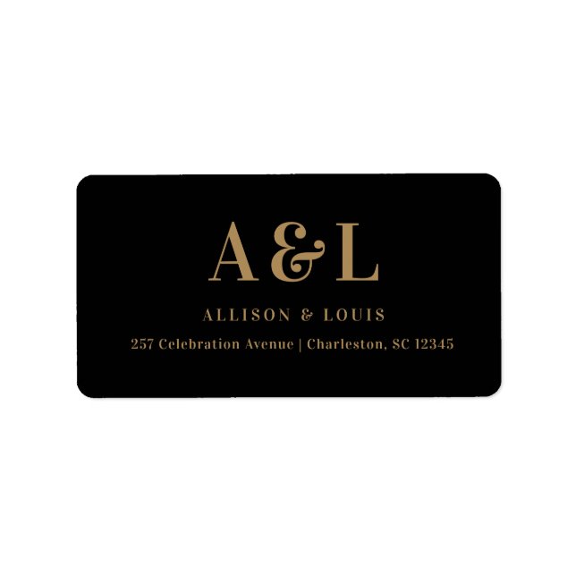 Bröllopsmonogram Minimalistisk Svart Guld Adressetikett (Framsidan)