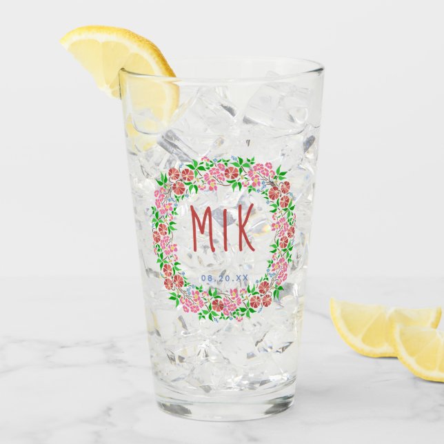 Bröllopsmonogram Vacker blomsterkrans Gift datum Glaskopp (Framsida Ice)