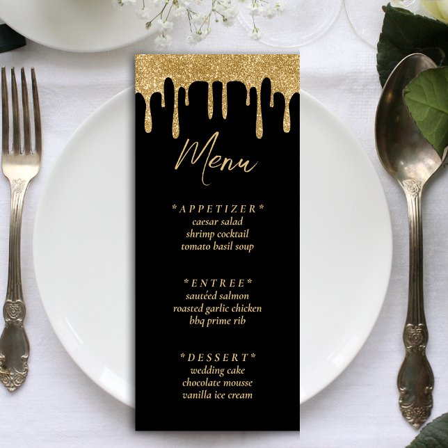 Bröllopsmottagning för Black & Guld Glitter Meny (Black & Gold Glitter Drip Wedding Reception Menu)