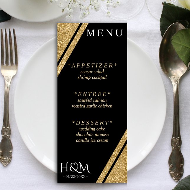 Bröllopsmottagning för Black & Guld Glitter Rand Meny (Black & Gold Glitter Stripe Wedding Reception Menu)