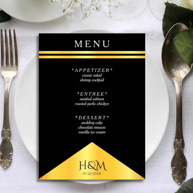 Bröllopsmottagning för Black & Guld Rand Finare Meny (black and gold wedding menu)