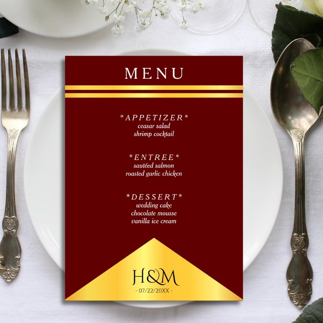 Bröllopsmottagning för Burgundy & Guld Rand Finare Meny (burgundy red and gold wedding menu)