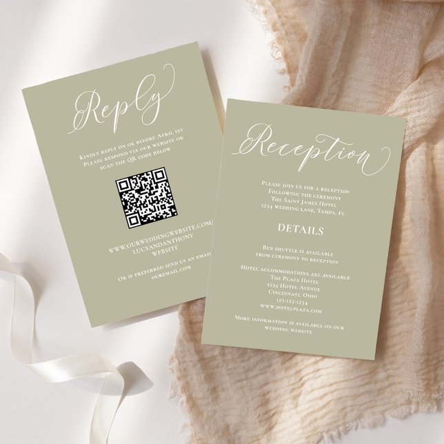 Bröllopsmottagning QR-kod RSVP Sagegrön Tilläggskort (Wedding reception, RSVP, and details all in one with a scannable QR code template. )