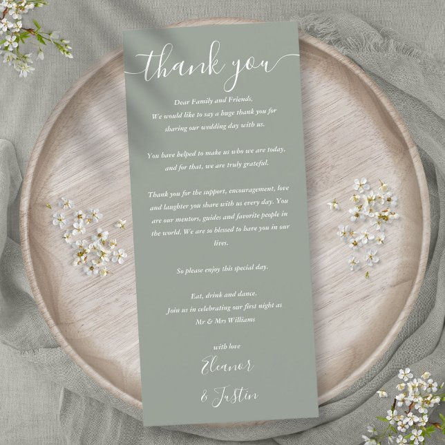 Bröllopsmottagning, Tack Grönt, platskort Meny (Wedding Reception Thank You Sage Green Place Card)