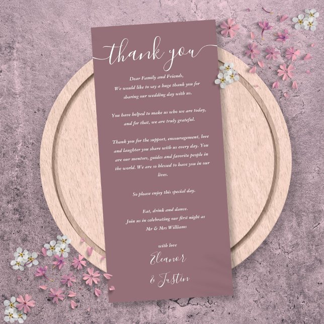 Bröllopsmottagning Tack Mauve-platskort Meny (Wedding Reception Thank You Mauve Place Card)