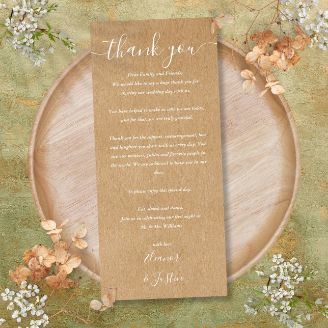 Bröllopsmottagningskort, Tack platskort Meny (Wedding Reception Thank You Rustic Place Card)