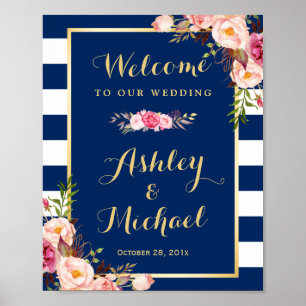 Bröllopsmottagningsskylt Blommigt Blåblå Rand Poster