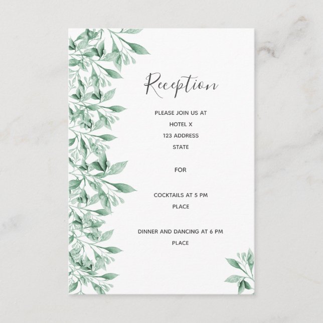 Bröllopsmottagningsuppgifter, vit grönt löv tilläggskort (Framsida)