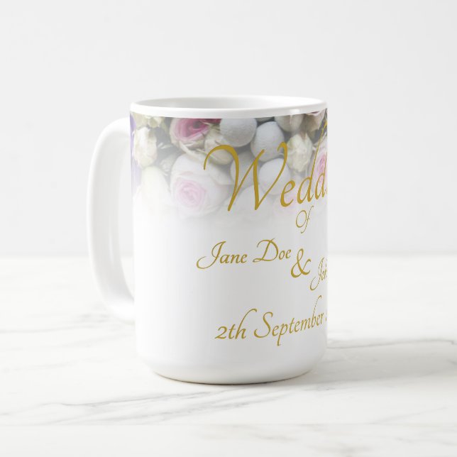 Bröllopsmugg - Brud med färgrik bröllopsbukett Kaffemugg (Framsida vänster)