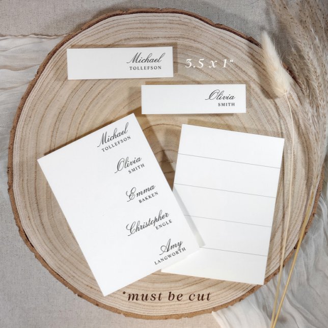 Bröllopsnamn etiketter för menyer 3,5 x 1 Script-k (Elegant script wedding menu name tags on printable DIY place card sheet.)