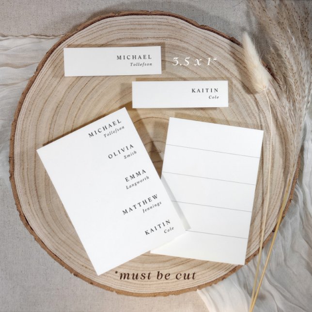 Bröllopsnamn etiketter för menyer 3,5 x 1 smala ko (Name tags for wedding menus - modern simple black & white - printed with names)