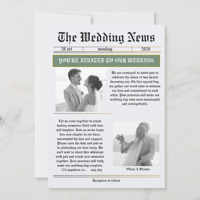 Bröllopsnyheter Vintage Tidning Bröllop  Inbjudningar (Framsida)