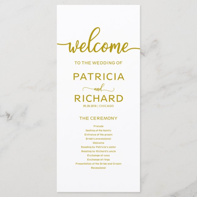 Bröllopsordning för ceremoniprogram Guld Program (Framsida)