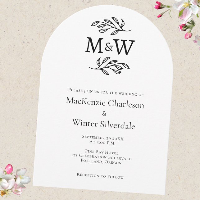 Bröllopspar Enkla Monogram Initialer Minimalist Inbjudningar (Modern arch wedding invitation with couple monogram initials and botanical leaf sprig line art)