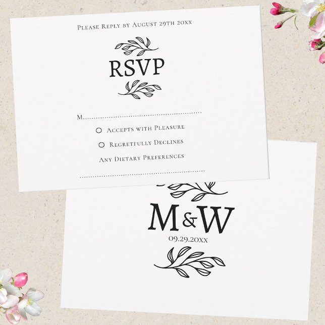 Bröllopspar Enkla Monogram Initialer Minimalist OSA Kort (Modern RSVP wedding couple monogram initials custom text response enclosure card)
