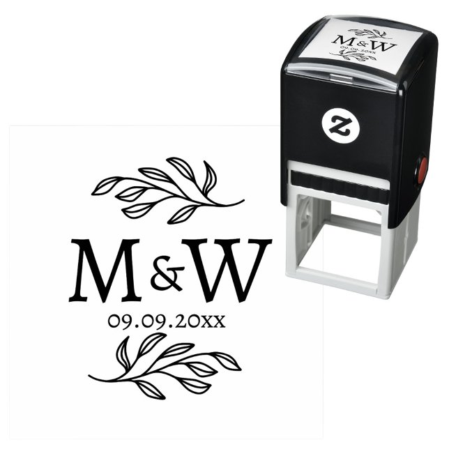 Bröllopspar Monogram Datum Elegant Botanisk Självfärgande Stämpel (Modern wedding couple monogram logo initials date self inking stamp with botanical leaf sprig)