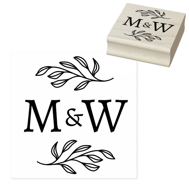 Bröllopspar Monogram Elegant Botanisk Stämpel (Modern wedding couple monogram initials botanical leaf rubber stamp)