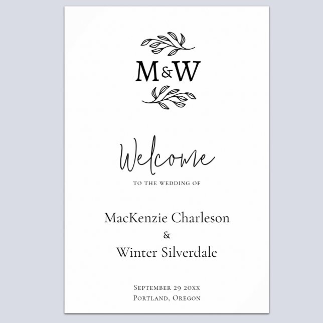 Bröllopspar Monogram Initialer Botanisk Välkomstsk Poster (Modern minimalist wedding couple monogram initial wedding welcome sign)