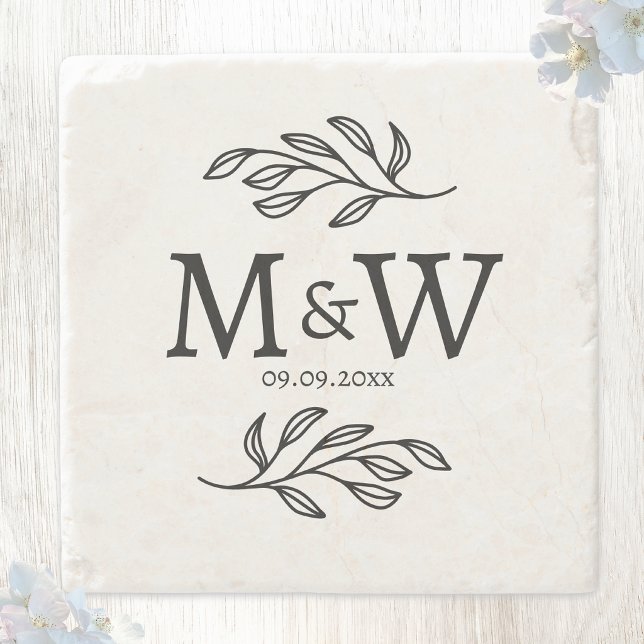 Bröllopspar Monogram Initialer Datum Botanisk Stenunderlägg (Wedding couple monogram initials coaster)