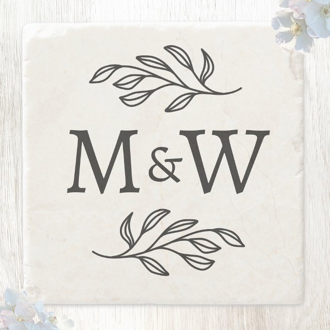 Bröllopspar Monogram Initialer Elegant Botanisk Stenunderlägg (Wedding couple monogram initials coaster)