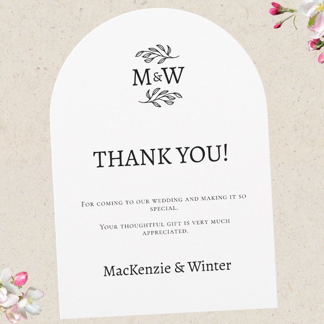 Bröllopspar Monogram Initialer Tackkort Inbjudningar (Wedding thank you arch card couple monogram initials botanical line art leaf sprig )