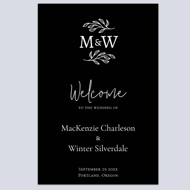 Bröllopspar Monograminitialer Botanisk Välkomstsky Poster (Modern minimalist wedding couple monogram initial wedding welcome sign)