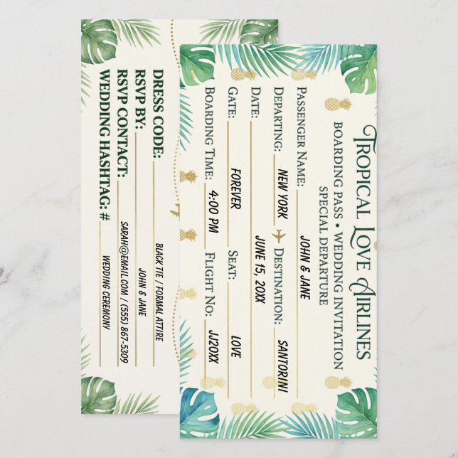 Bröllopspass för badort Boarding Pass-kort Spara Datumet (Fram/baksida)