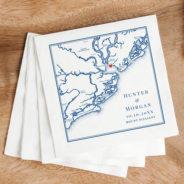 Bröllopspaviljong på Patriots Point Mount Pleasant Pappersservett (The Pavilion at Patriots Point Wedding Cocktail Napkins | Mount Pleasant SC map in navy blue )