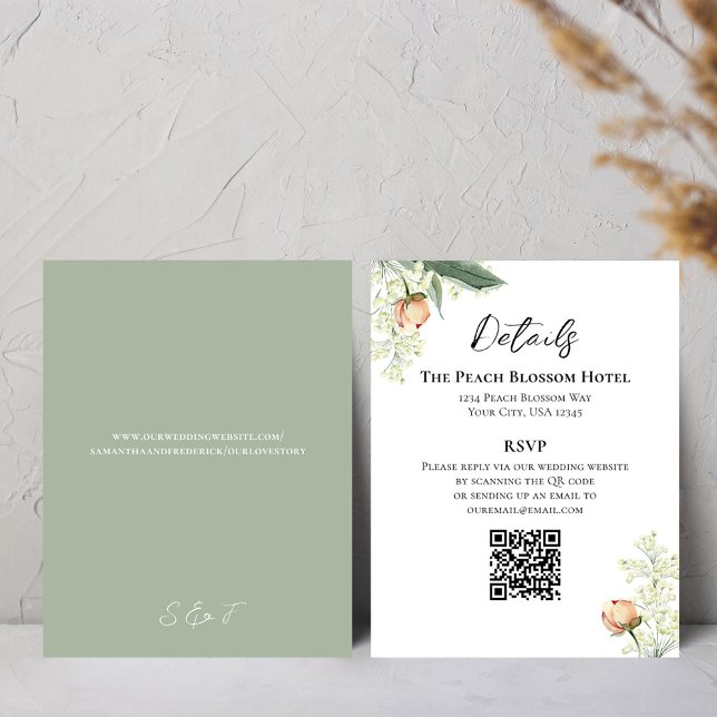 Bröllopspeps Detaljer QR-kod RSVP Grön Tilläggskort (Wedding details card with a scannable QR code template)