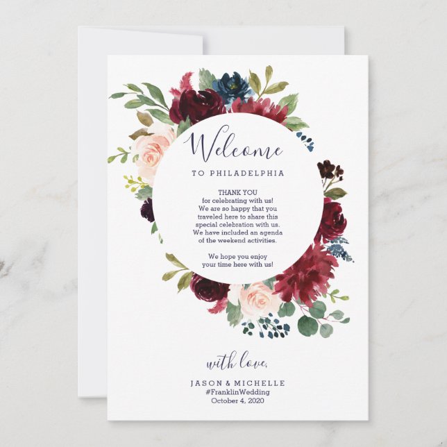 Bröllopsplan Hotel Välkomstbrev - Burgundy Inbjudningar (Framsida)