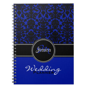 Bröllopsplanerare för Monogram Blue Black White Da Anteckningsbok Med Spiral