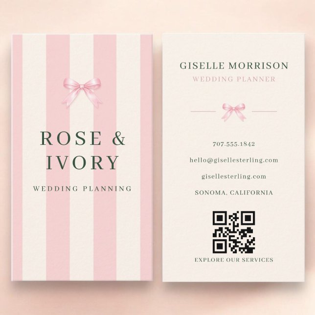 Bröllopsplanerare Rosa Grön Randig Slinga QR-kod Visitkort (Skapare uppladdad)