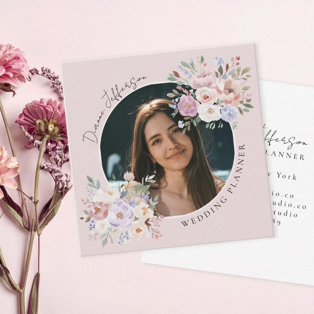 Bröllopsplaneringare Rosa Blommig Anpassad Foto Fyrkantigt Visitkort (elegant wedding planner blush pink custom photo floral business card)