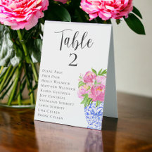 Bröllopsplatskarta Bordnummer Rosa Peonies