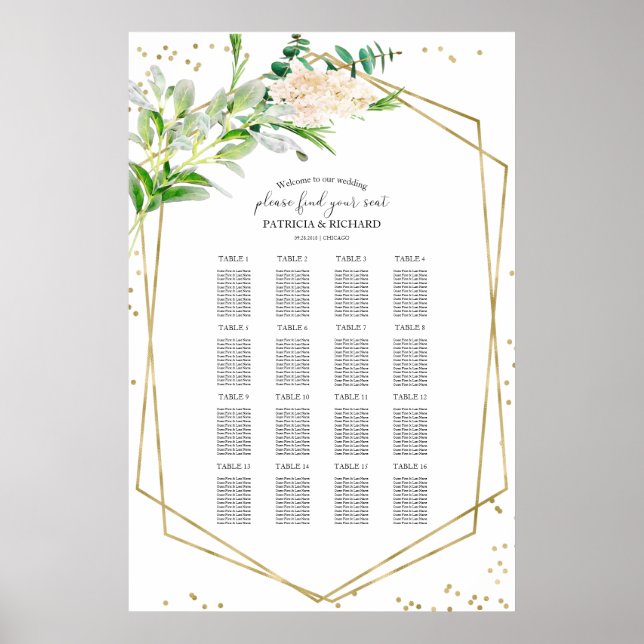 Bröllopsplatskarta Elegant Grönska Guld Poster (Framsidan)