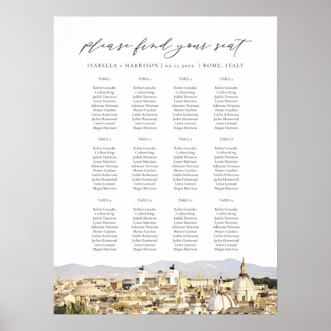 Bröllopsplatskarta för Rom Italien Destination Poster (Framsidan)