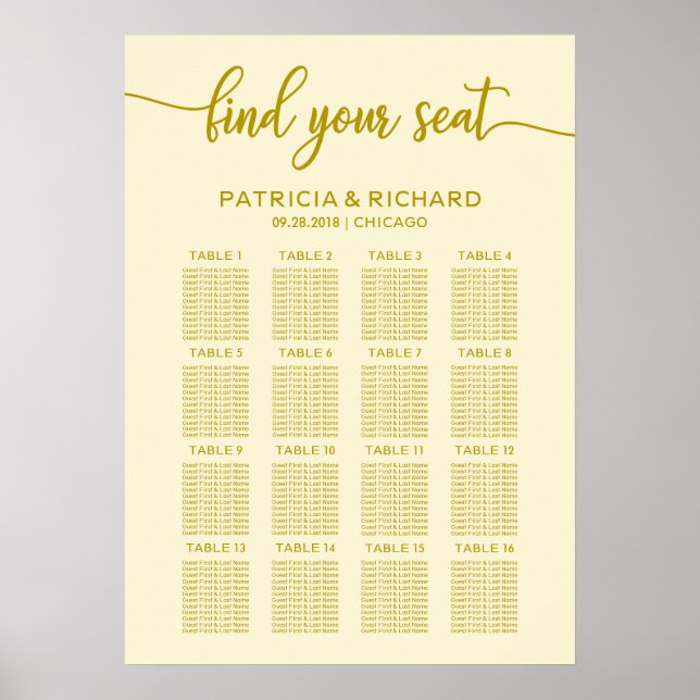 Bröllopsplatskarta Guld Elfenben Kalligrafi Poster (Framsidan)