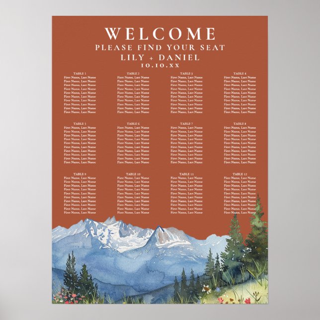 Bröllopsplatskarta i terrakotta med bergsblommor poster (Framsidan)