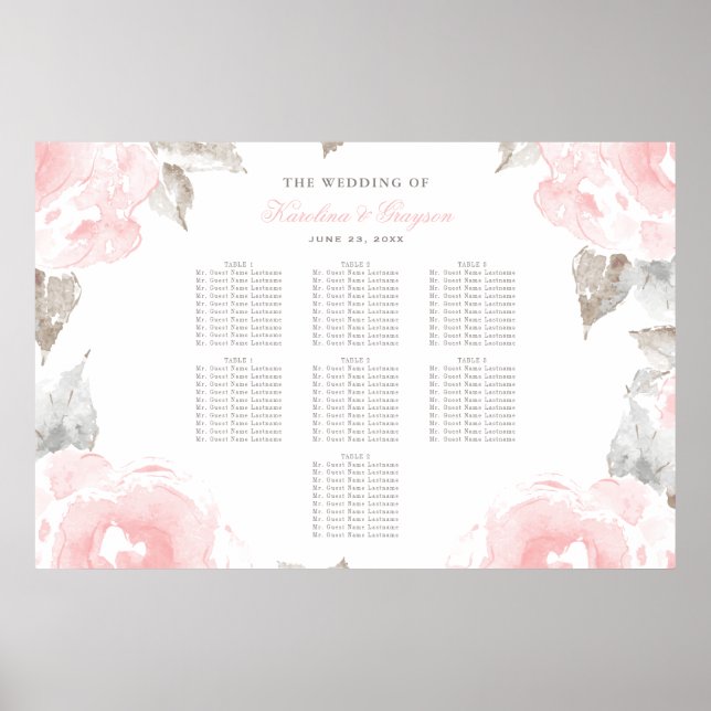 Bröllopsplatskarta med rosor i akvarell och rosa g poster (Framsidan)