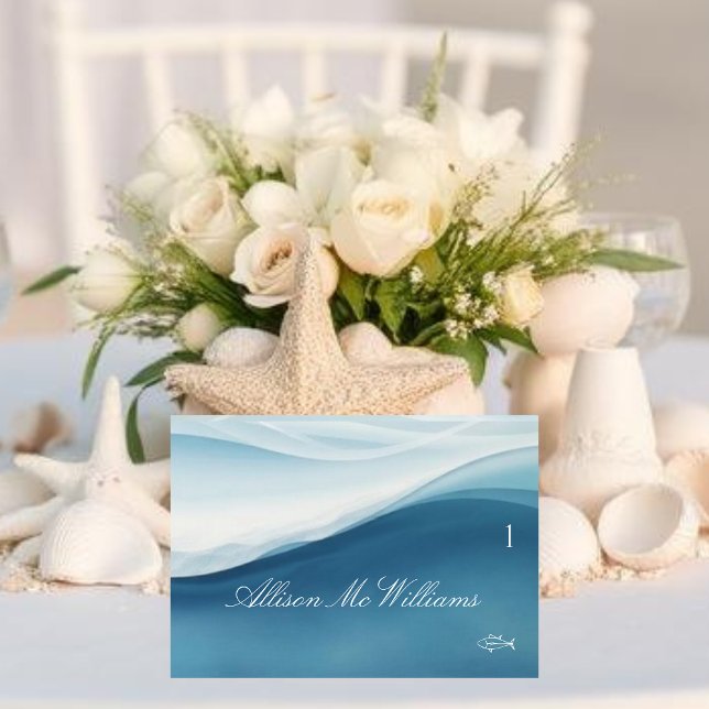 Bröllopsplatskort Fiskikon - Lugnt Blått Bordsnummer (Wedding Place Cards Fish Icon-Serene Blue )