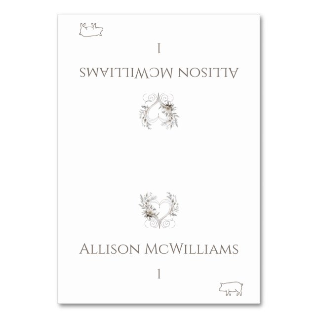 Bröllopsplatskort-Grisikon-Blommor med ett hjärta Bordsnummer (Framsidan)