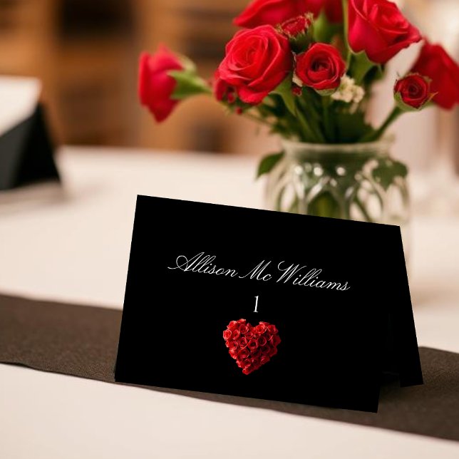 Bröllopsplatskort--Hjärformade röda rosor Bordsnummer (Wedding Place Cards Red Roses)