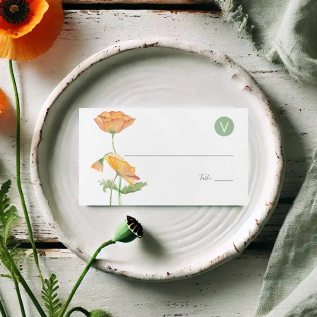 Bröllopsplatskort Måltidsval Floral Akvarell  Placeringskort (Watercolor orange poppy wedding place cards with meal choice by Do Tell A Belle)