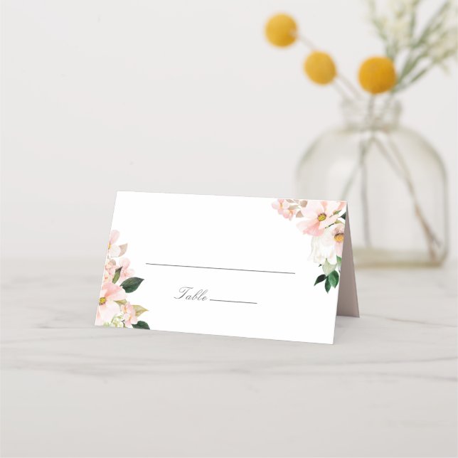 Bröllopsplatskort med Blush Hydrangea Blommor Placeringskort (Framsida)